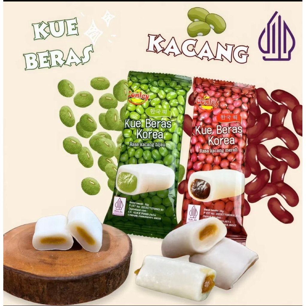 Kue beras Conley 10 +4 kue beras korea mochi & kenyal isi kacang tebal rasa kacang hijau merah halal