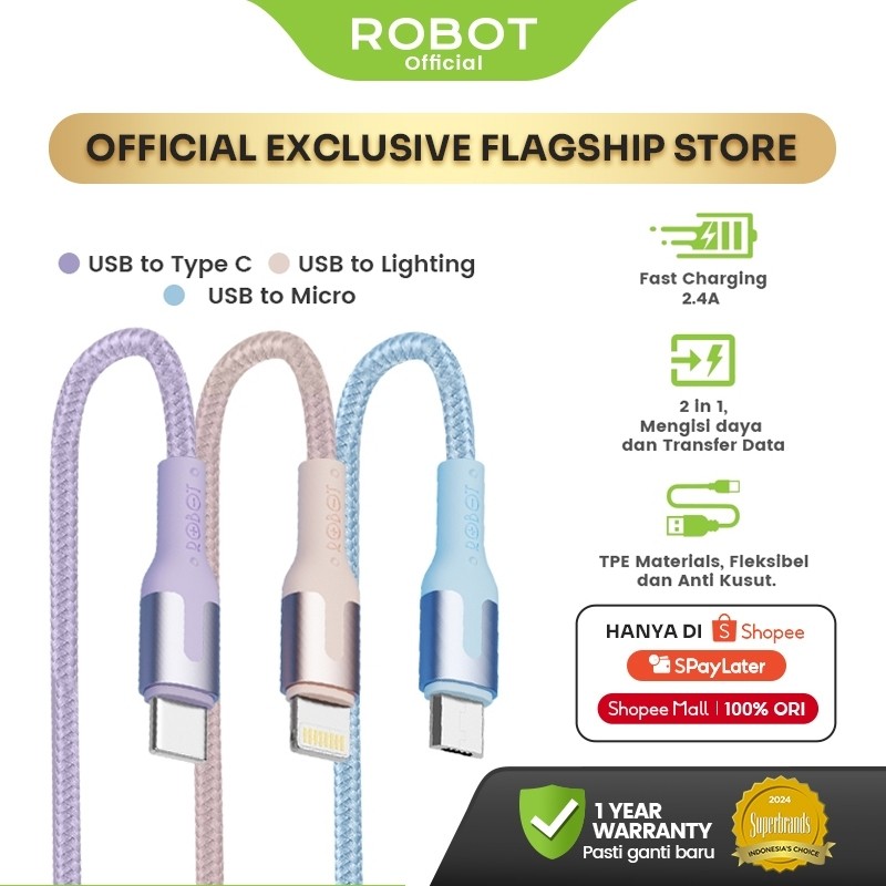 ROBOT Kabel Data Micro Type C Lightning USB A 1M USB C 1.2M Data Cable Android iPhone RTM/RTC/RTL/RTCC/RTCL Original - Garansi 1 Tahun