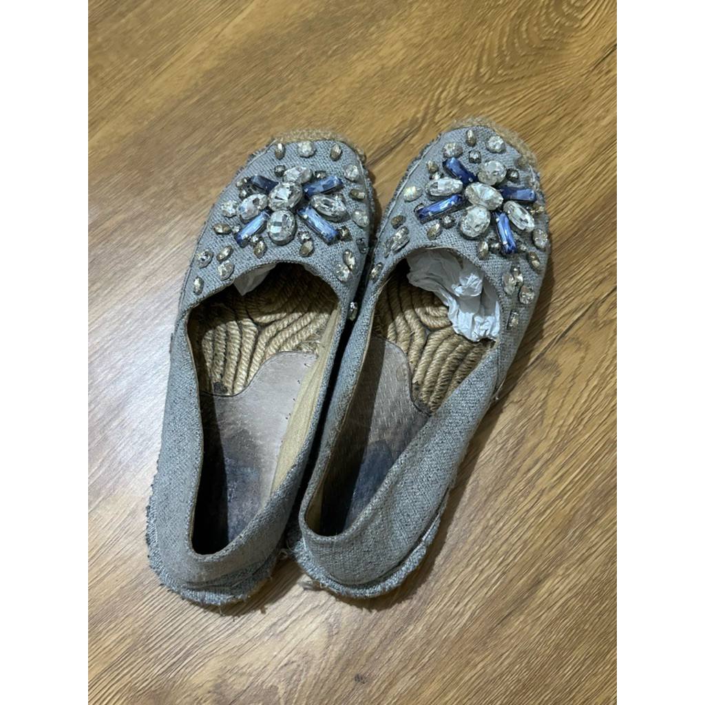Skema Espadrilles Wanita Blue Denim - Flat Shoes Manik Kristal Mewah Preloved - Boho-chic handcrafte