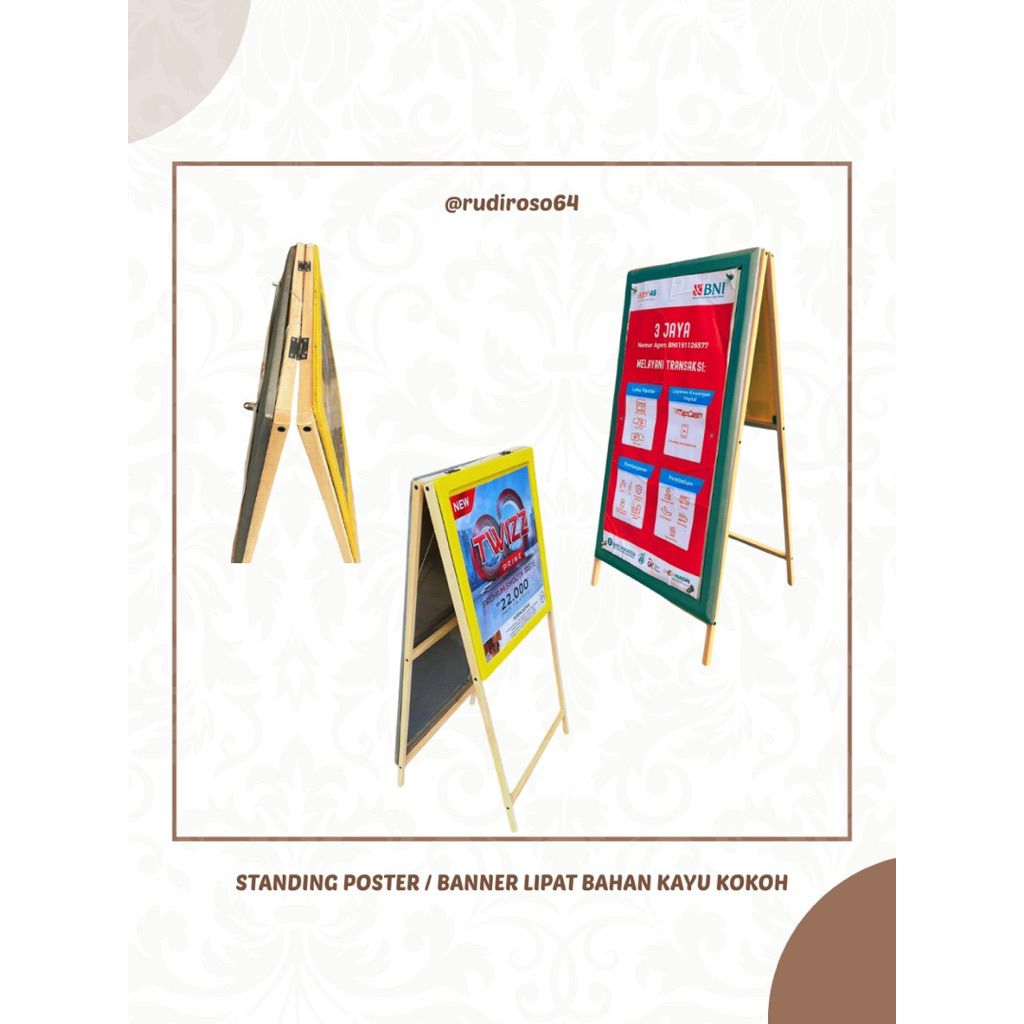 Standing rak Banner Kayu Lipat 2 sisi ENGSEL dan BAUT Kokoh / Poster Stand Kayu JATI dan MAHONI Este