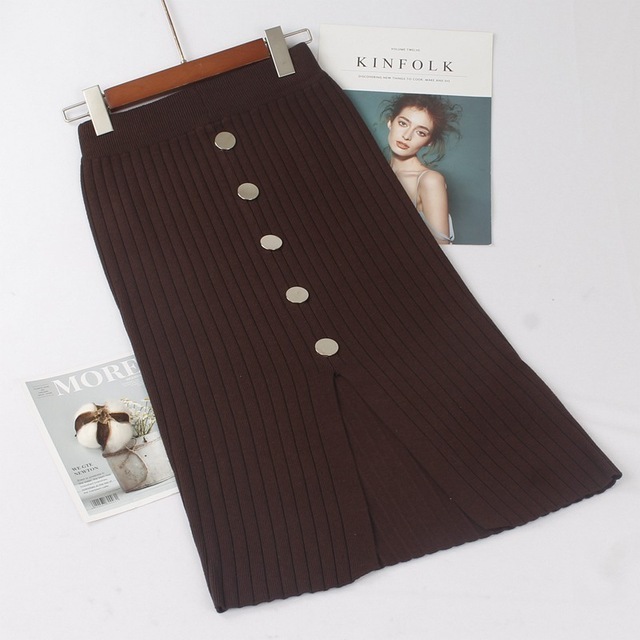 [Hallyu] Rok Wanita Span Belah Tengah Variasi Kancing Knit Import Premium | Rok Rajut Wanita Span Be