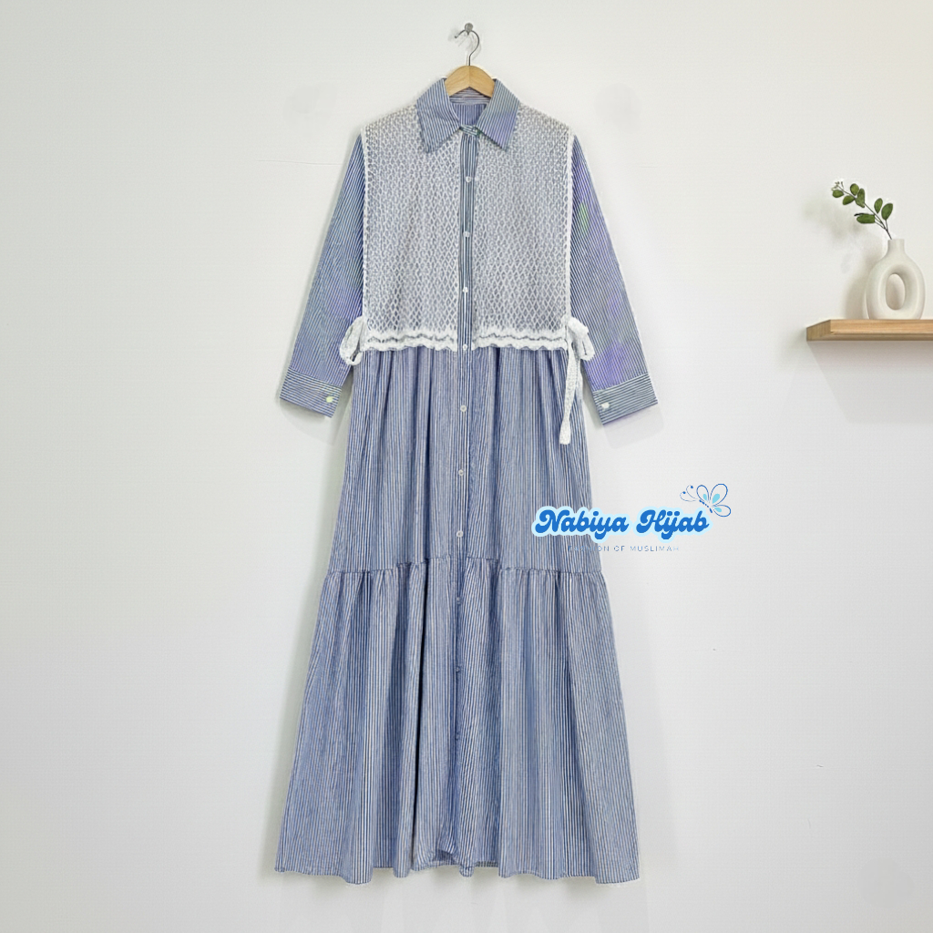 S M L XL XXL Kania Gamis Dress Katun Salur Mix Vest Brokat Wanita Remaja Kekinian Jumbo Ld 120 - 92 