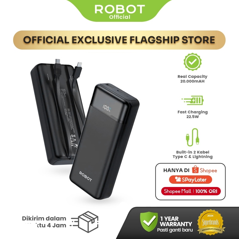 ROBOT Powerbank Fast Charging 20000mAh 22.5W 2 Built in Cable Type C Lightning LED Display Power ban