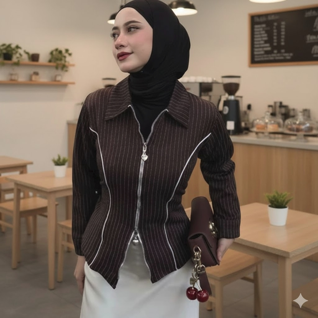 DYFFA Zipper Shirt Salur Fitted Korea Style -02 Atasan wanita dyffa shirt salur fitt body lengan pan