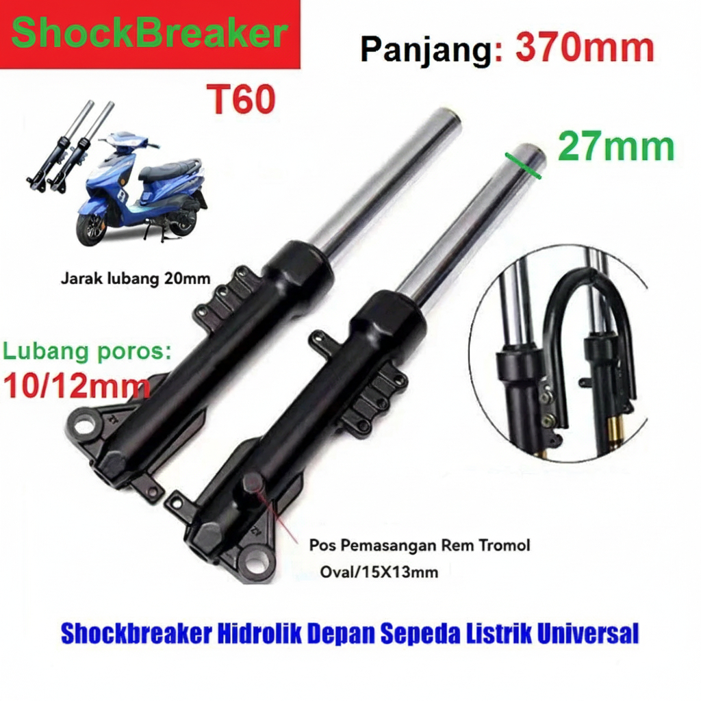 Shockbreaker Hidrolik Suspensi Depan Sepeda Listrik Universal T60 1 Set Motor 370mm Shock Breaker Se