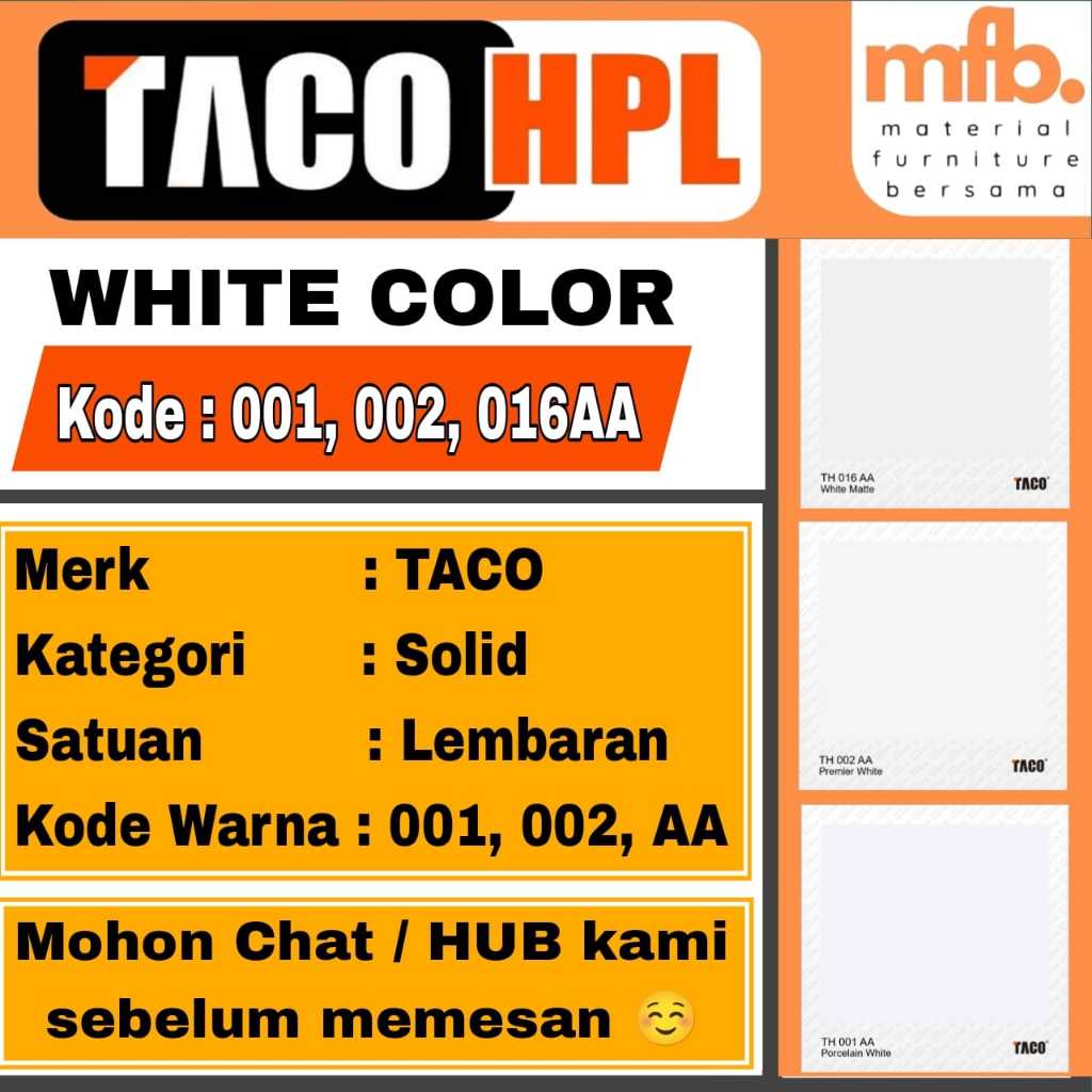 HPL Taco Putih Polos TH 001 AA / TH 002 AA / TH 016 AA – Warna Putih Lembaran | HPL TACO / HPL PUTIH