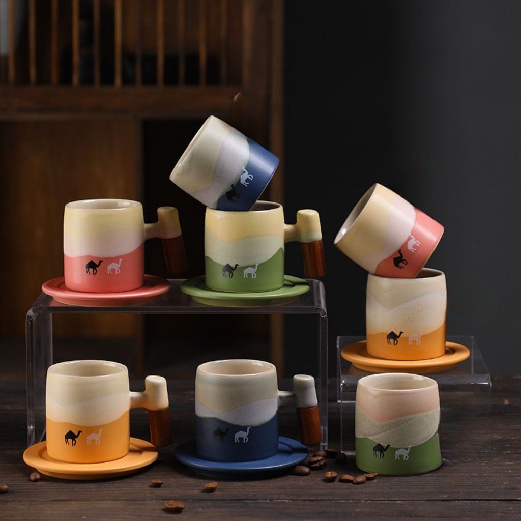 Cangkir Kopi Teh Keramik Estetik Motif Unta + Tatakan/Set Cangkir Gagang Kopi Keramik Unik dengan Ta