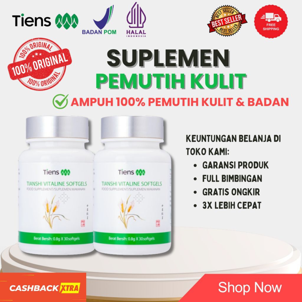 Suplemen pemutih kulit BPOM ampuh permanen - nutrisi kulit - collagen- vitalin softgel pemutih tiens