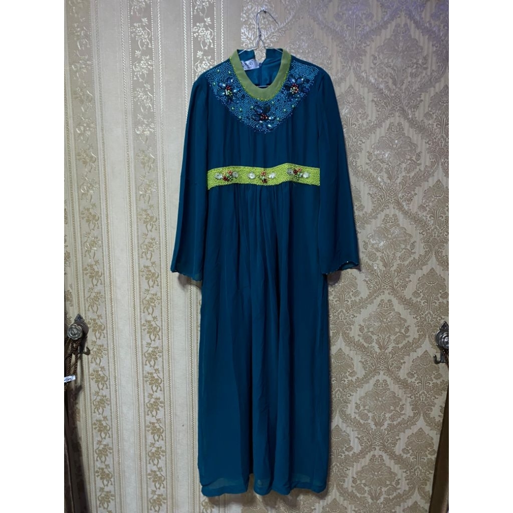 (Preloved) Gamis RuRi Fashion Teal Blue - Aksen Payet Mewah (Like New)