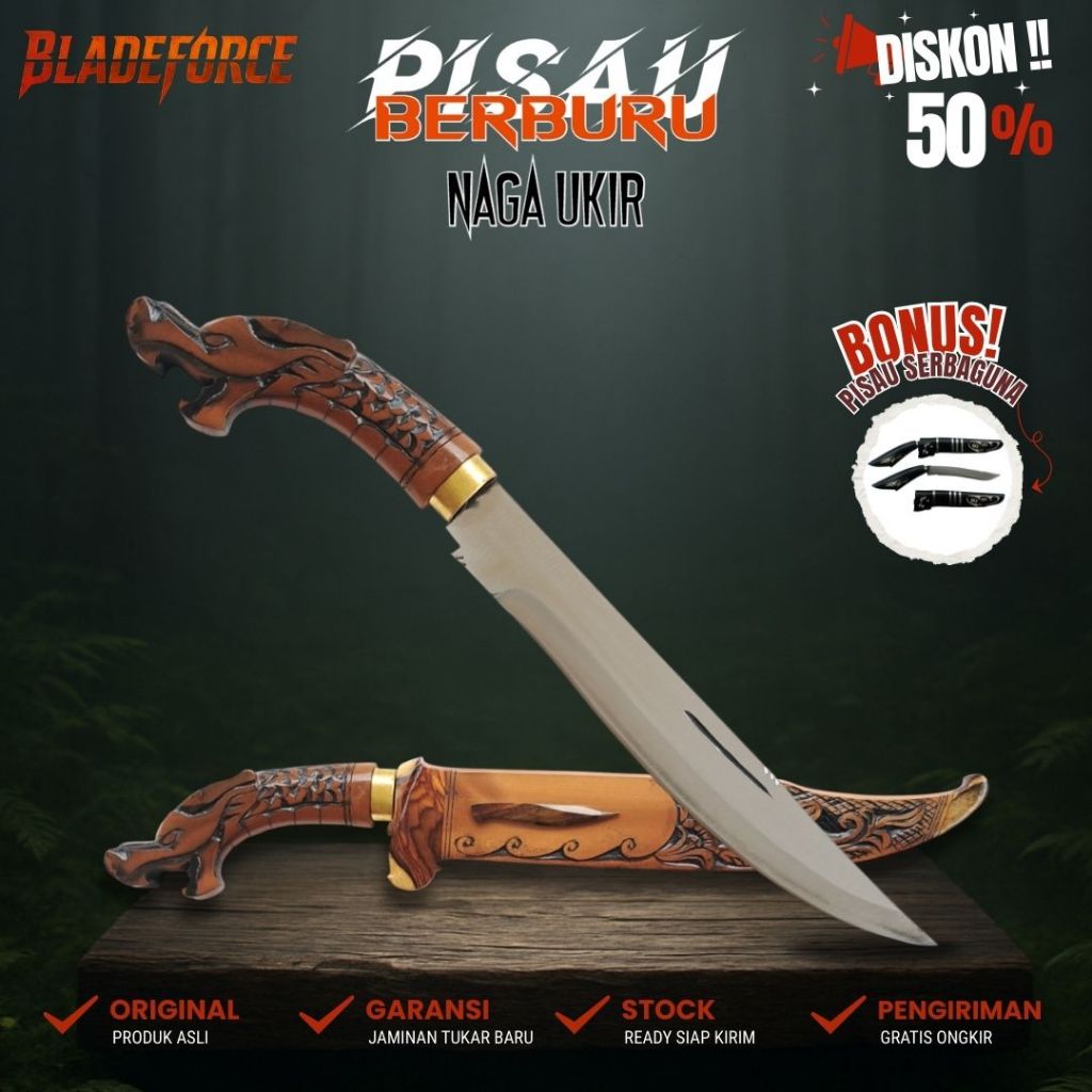 Pisau Naga - Besi Strip Sarung Kayu Rasamala di Ukir