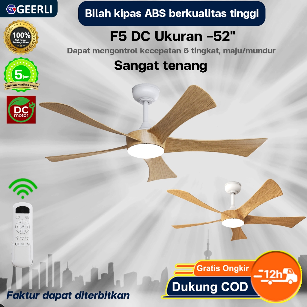GEERLI Kipas Angin Gantung 52 Inch dengan Remote, 6 Kecepatan Dapat Disesuaikan, Dilengkapi Lampu LE