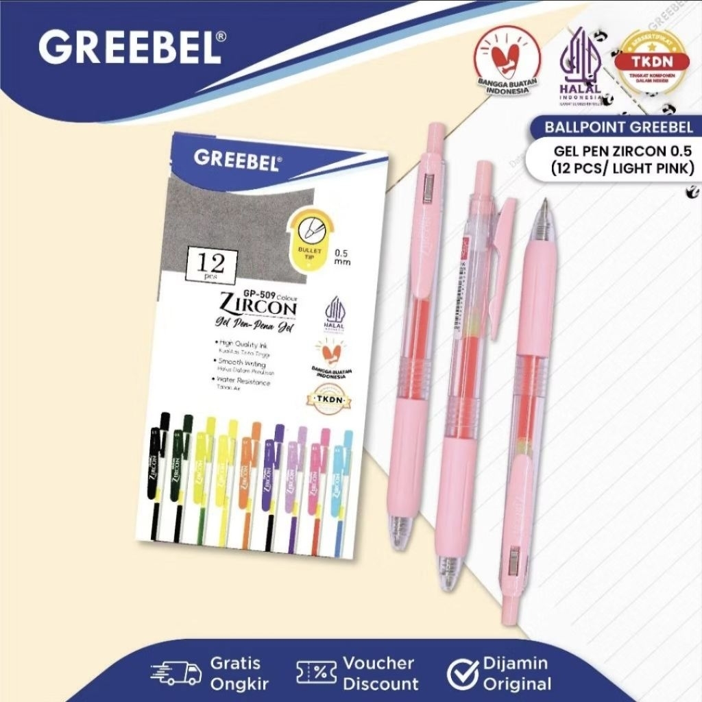 Greebel Pulpen Gel Zircon GP-509 Light Pink 0.5 mm (1 pack isi 12) / Ballpen Gel Zircon 0.5 mm Merah