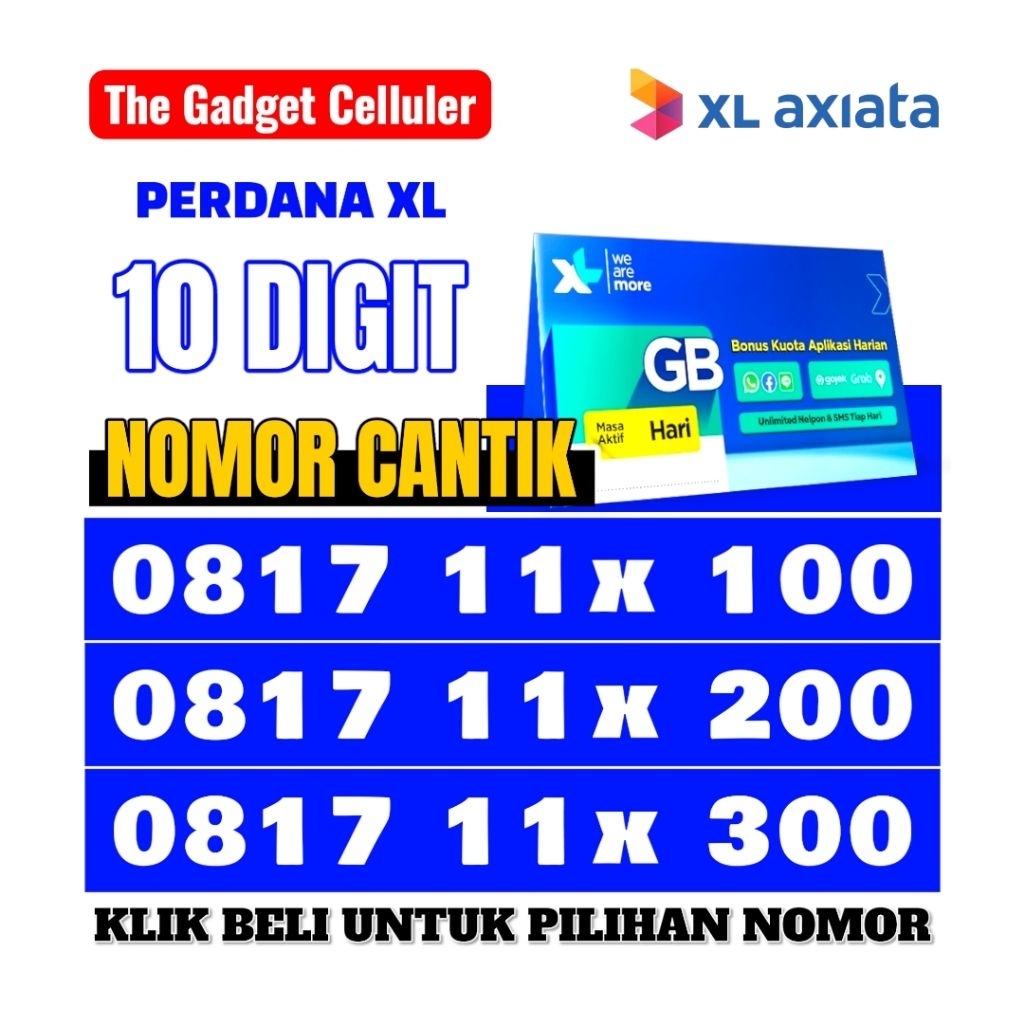 Kartu Perdana Cantik XL-Axiata 10 DIGIT 4G/5G Seri 100/600/805/111 Nomor  Nasional Segel isi Ulang (