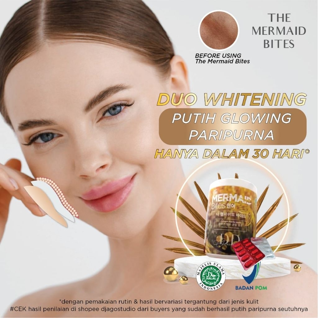 BPOM THE MERMAID BITES MC DD CHROMOSOME GLUTATHIONE WHITENING COLLAGEN JAR 500G FREE T-STANDARD