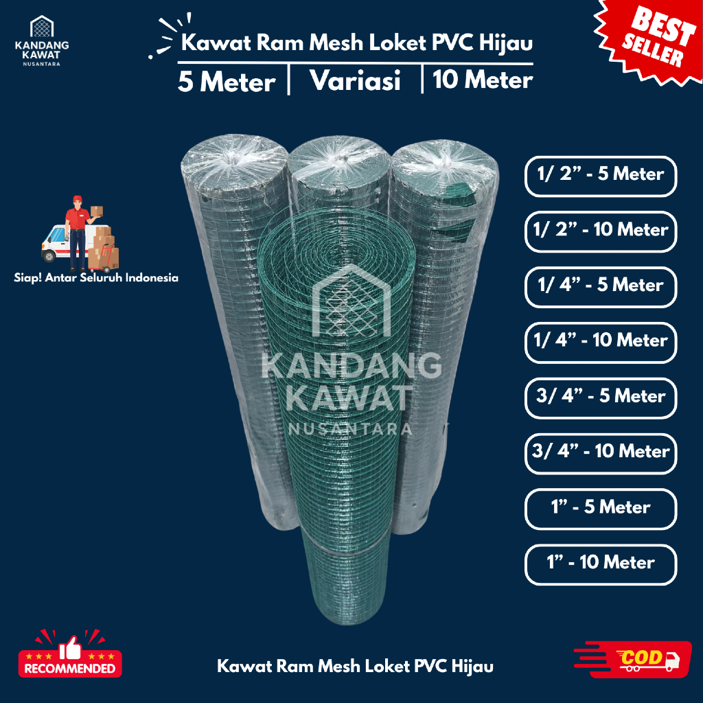 Kawat Loket PVC Hijau Ram Mesh | Variasi Ukuran | 1/2 Inch - 1/4 Inch - 3/4 Inch - 1 Inch | Variasi 