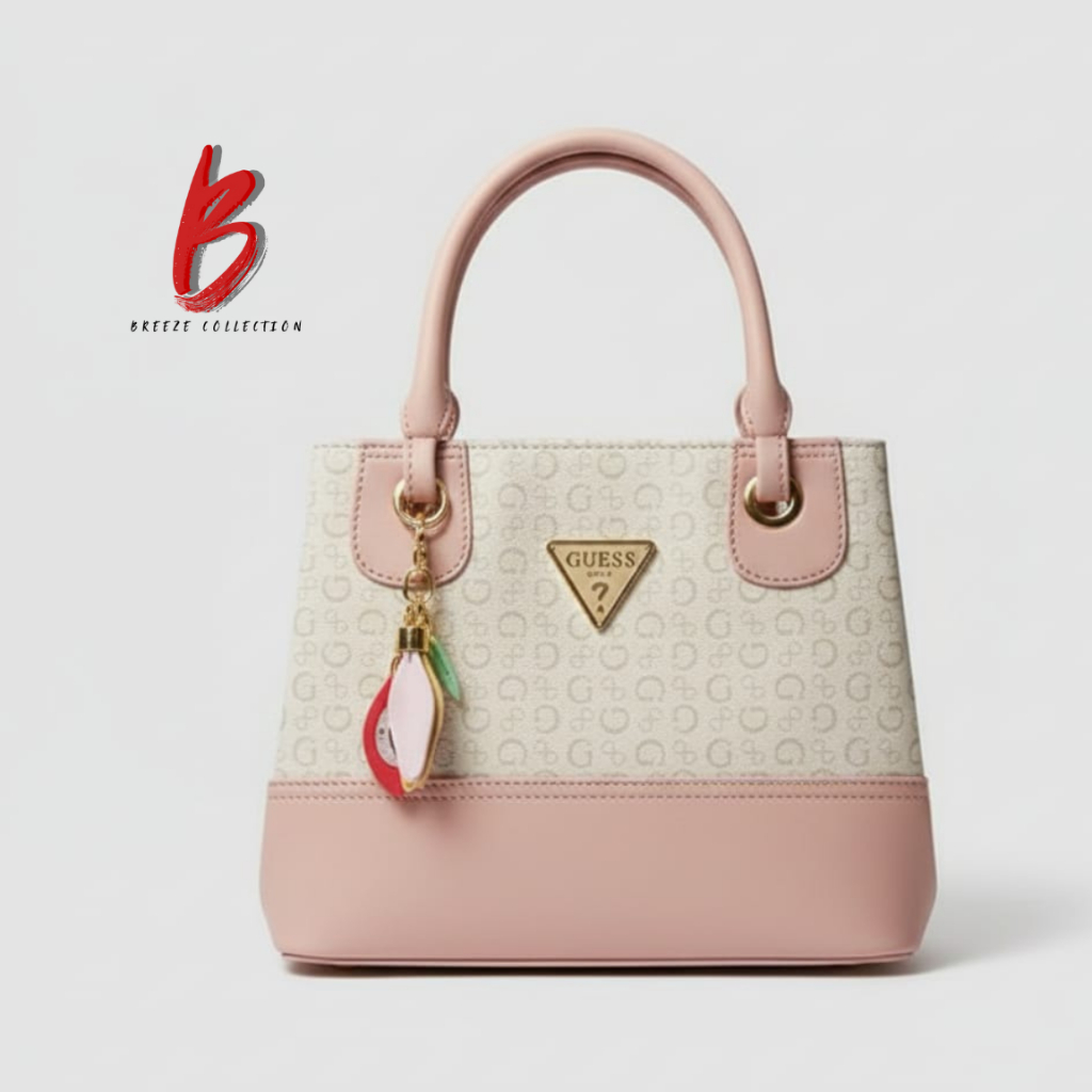 Tas handbag/tas tangan Wanita - Breeze Collection Guess Monogram Satchel Bag - Cream/Soft Pink Editi
