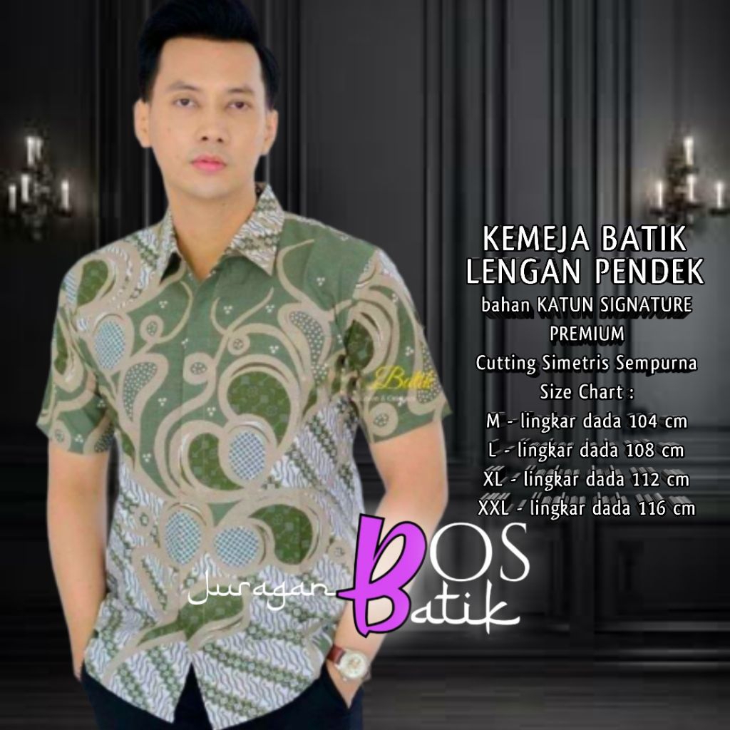 Kemeja Batik Pria Lengan Pendek Warna Hijau Sage | Hem Batik Pria Lengan Pendek - HEM Batik Cowok