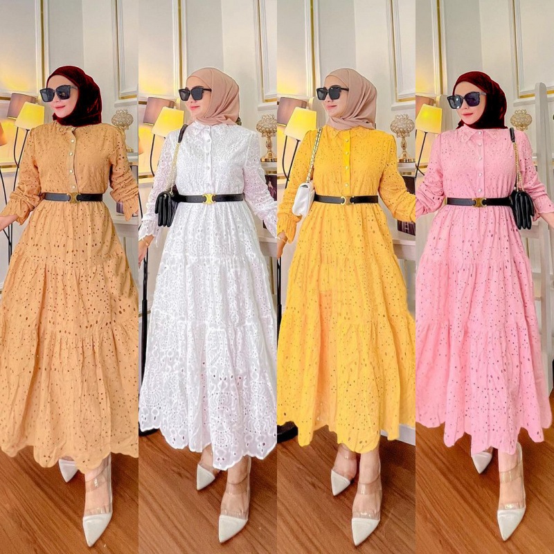 ( Hot Viral ) Dress Brokat Eyelet Wanita Import – Midi Dress Lengan Panjang Kerah Renda, Dress Korea