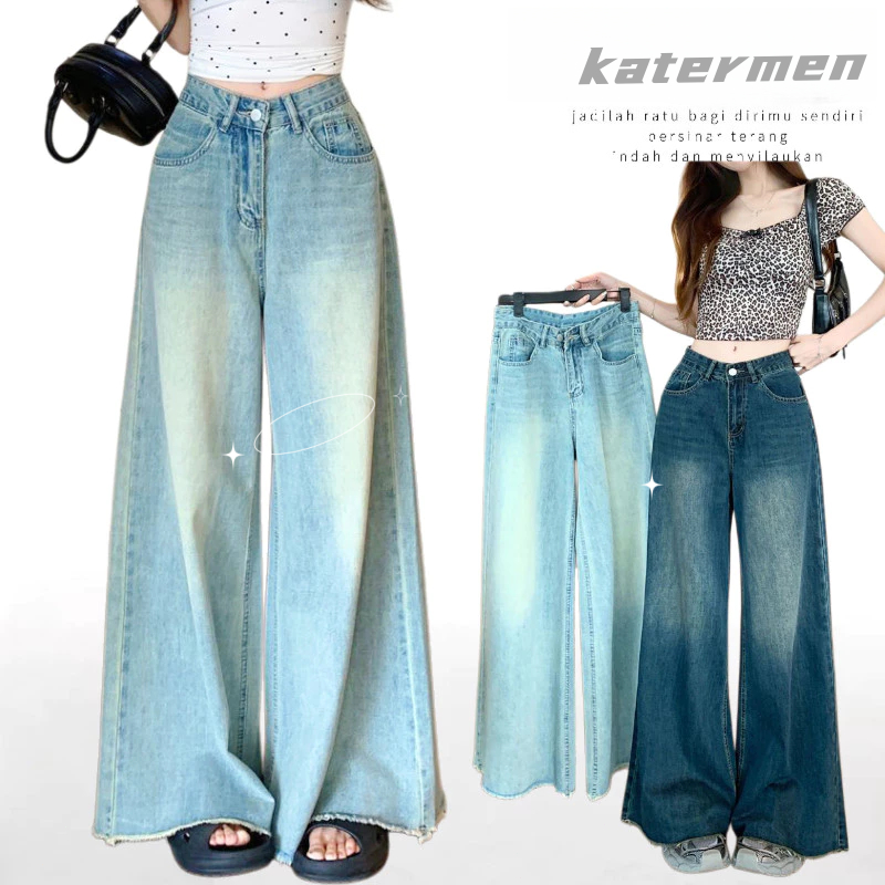 Jeans wanita pinggang tinggi gaya Korea, celana jeans biru muda, celana jeans lurus longgar