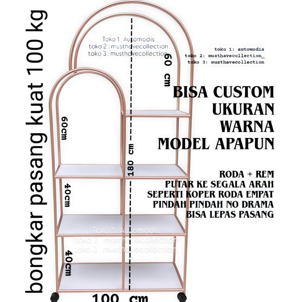 RAK BESI JUMBO BESAR PANJANG KUAT ANAK WANITA MEWAH EMAS GOLD PINK CUSTOM BOOTH ETALASE KLINIK SALON