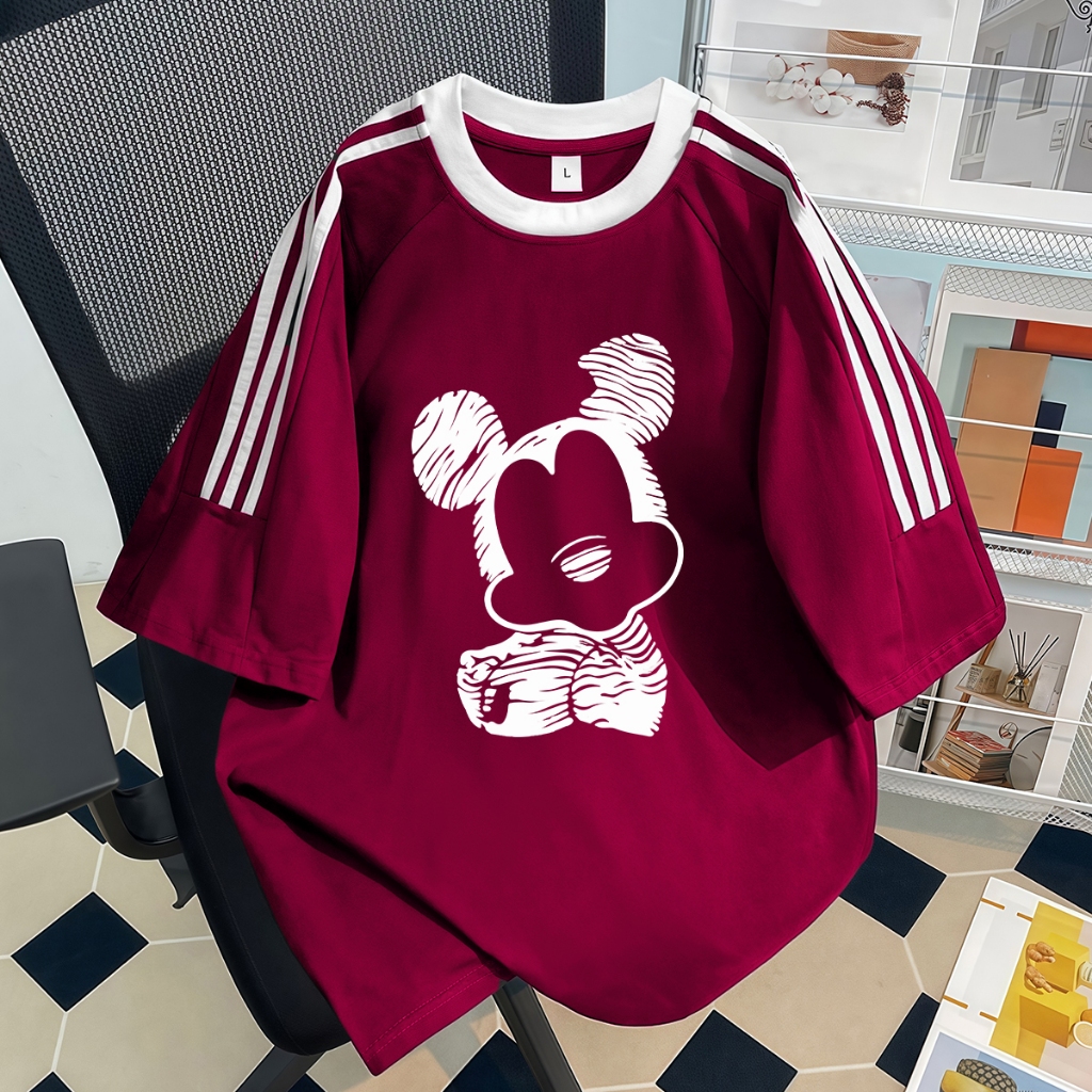 SG Baju Putih Black Stripe Kaos Wanita Premium | Kaos Wine Red Lengan Pendek | Mickey Mouse Print | 