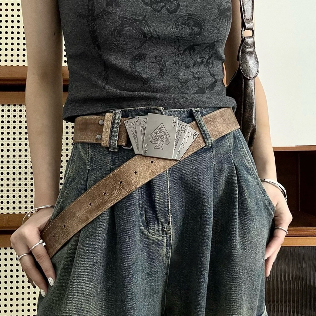 Ikat Pinggang Gesper Retro Leather Kartu Poker Coklat Carabiner | Sabuk Pria dan Wanita | Tali Pingg