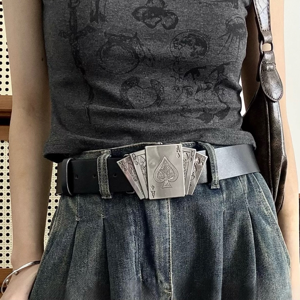 Ikat Pinggang Gesper Retro Leather Kartu Poker Hitam Carabiner | Sabuk Pria dan Wanita | Tali Pingga