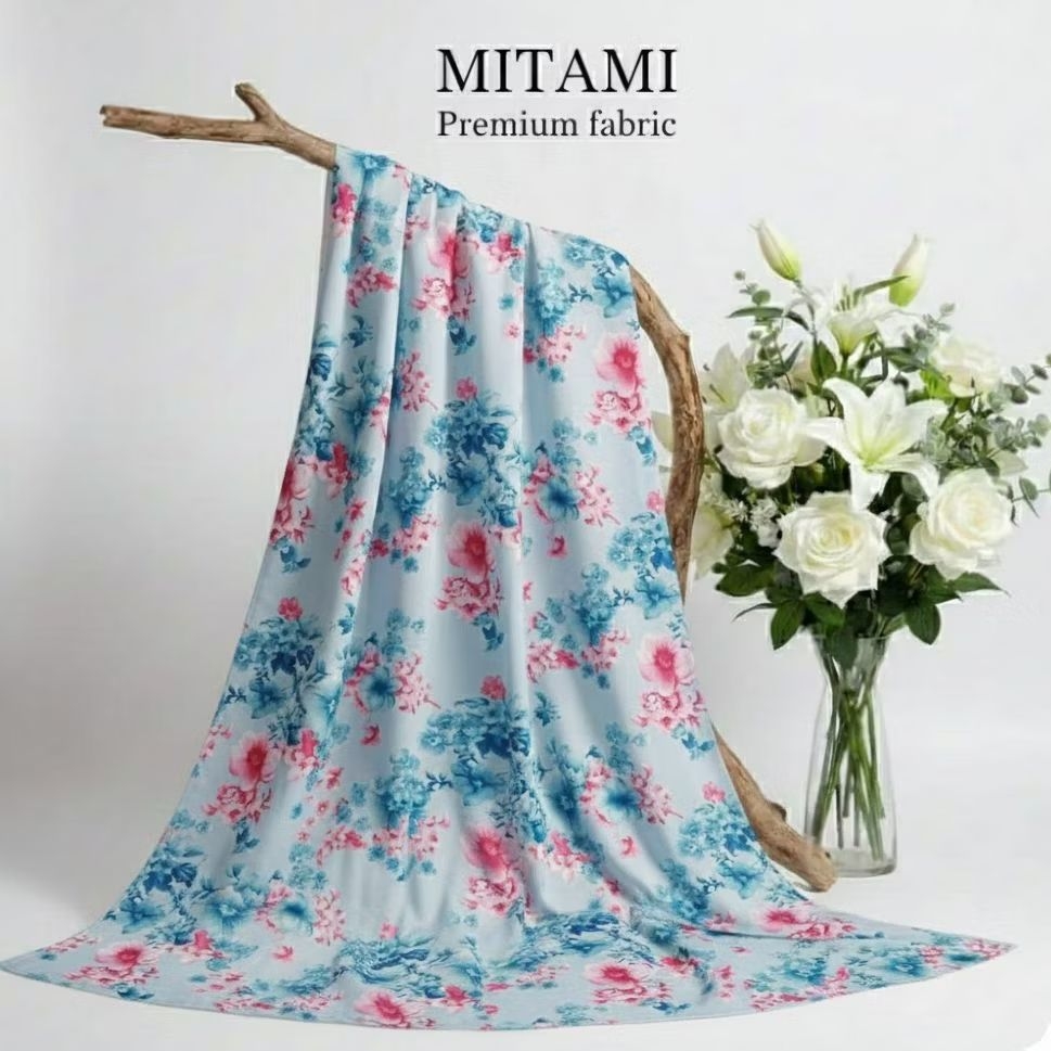 Kain Satin Silk Motif Bunga Soft Blue Pink | Bahan Maxmara Luxury Premium (Harga Per 0,5)3R