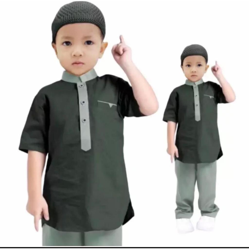 Setelan Koko Anak Warna Hijau Pekat Laki-Laki Usia 1-10 Tahun Baju Muslim Anak Laki laki Terbaru
