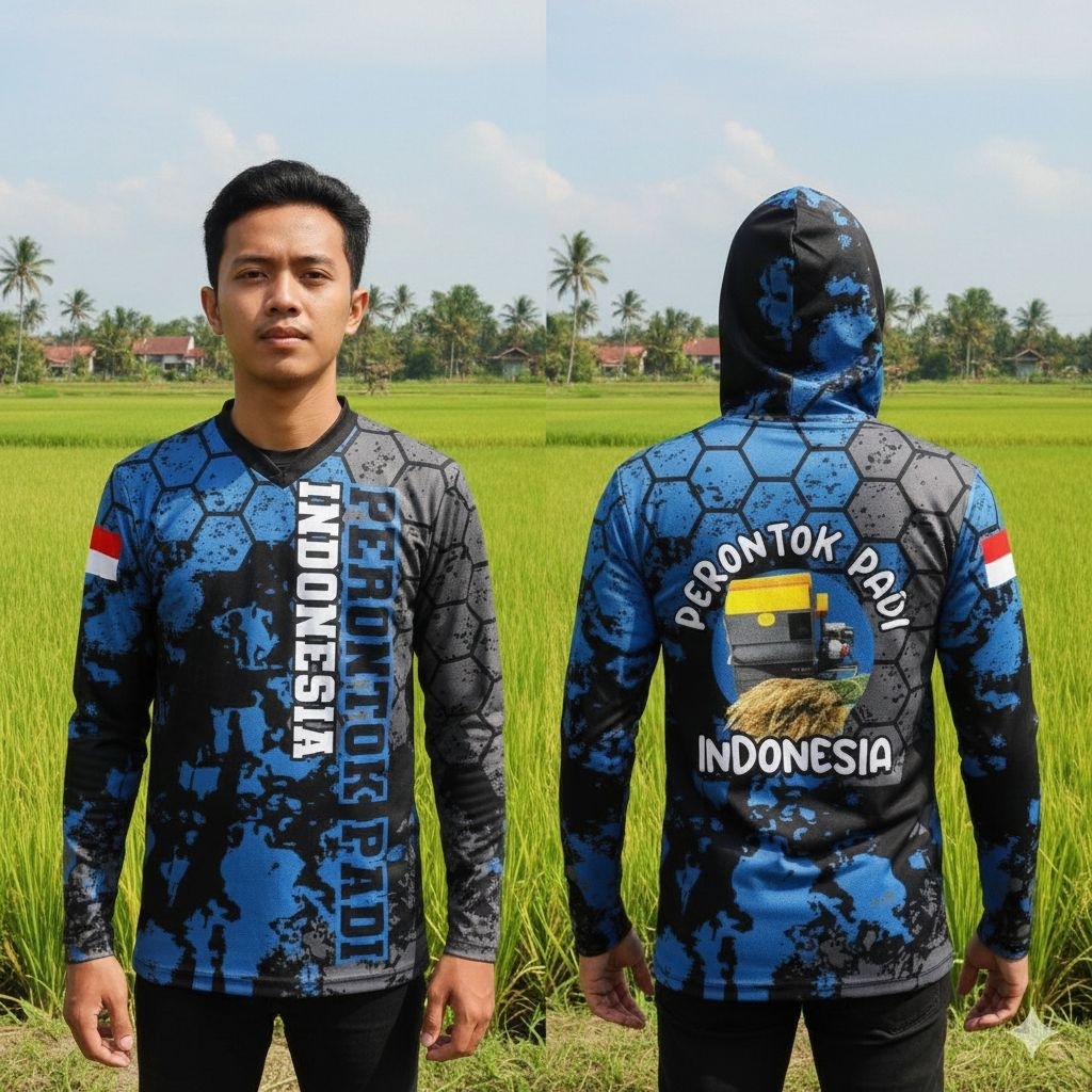 Jersey Petani Perontok Padi Lengan Panjang Kupluk Printing