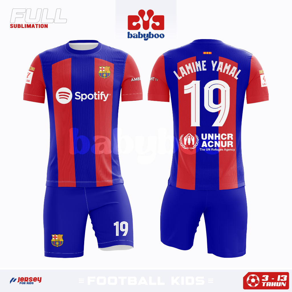 Jersey Anak Barcelona 3–13 Tahun Setelan Bola Kaos dan Celana Bahan Dryfit Premium Adem Promo Terbar