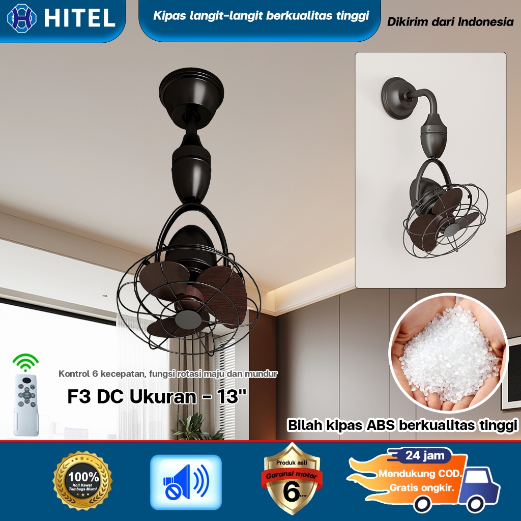 Kipas Angin Gantung 13 Inch dengan Remote, 6 Kecepatan Dapat Disesuaikan, Fungsi Berbalik Arah/Timer