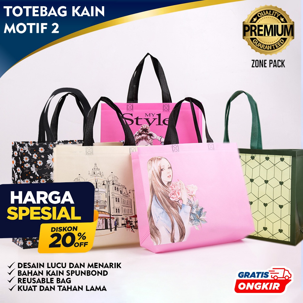 Totebag Kain Motif | Tas Goodibag Belanja Hampers | Paper Bag Kain Karakter | Tas Spunbond | Tas Sou