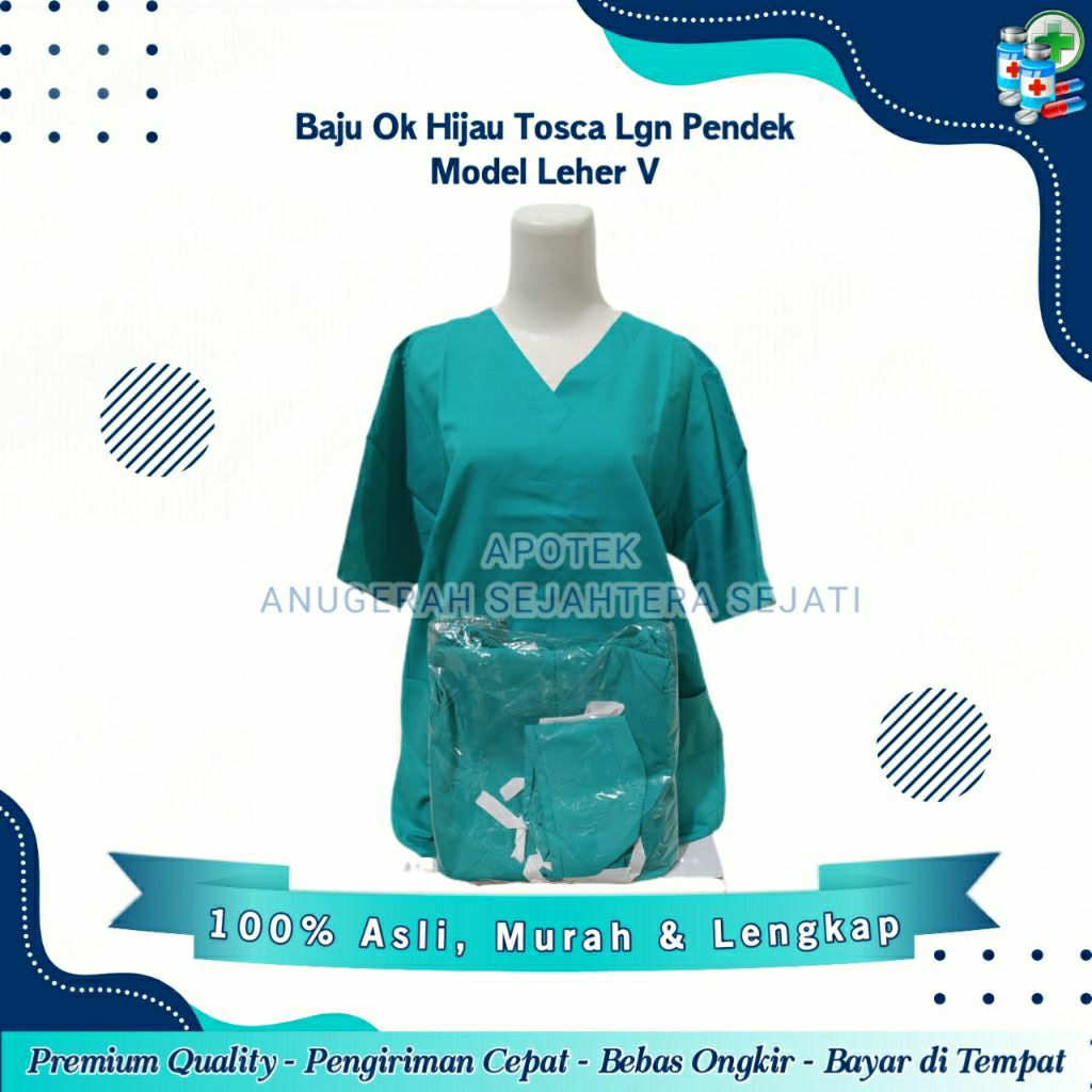 Baju OK / Baju Jaga Pria Dan Wanita / Lengan Pendek / Warna Hijau Tosca Model Leher V