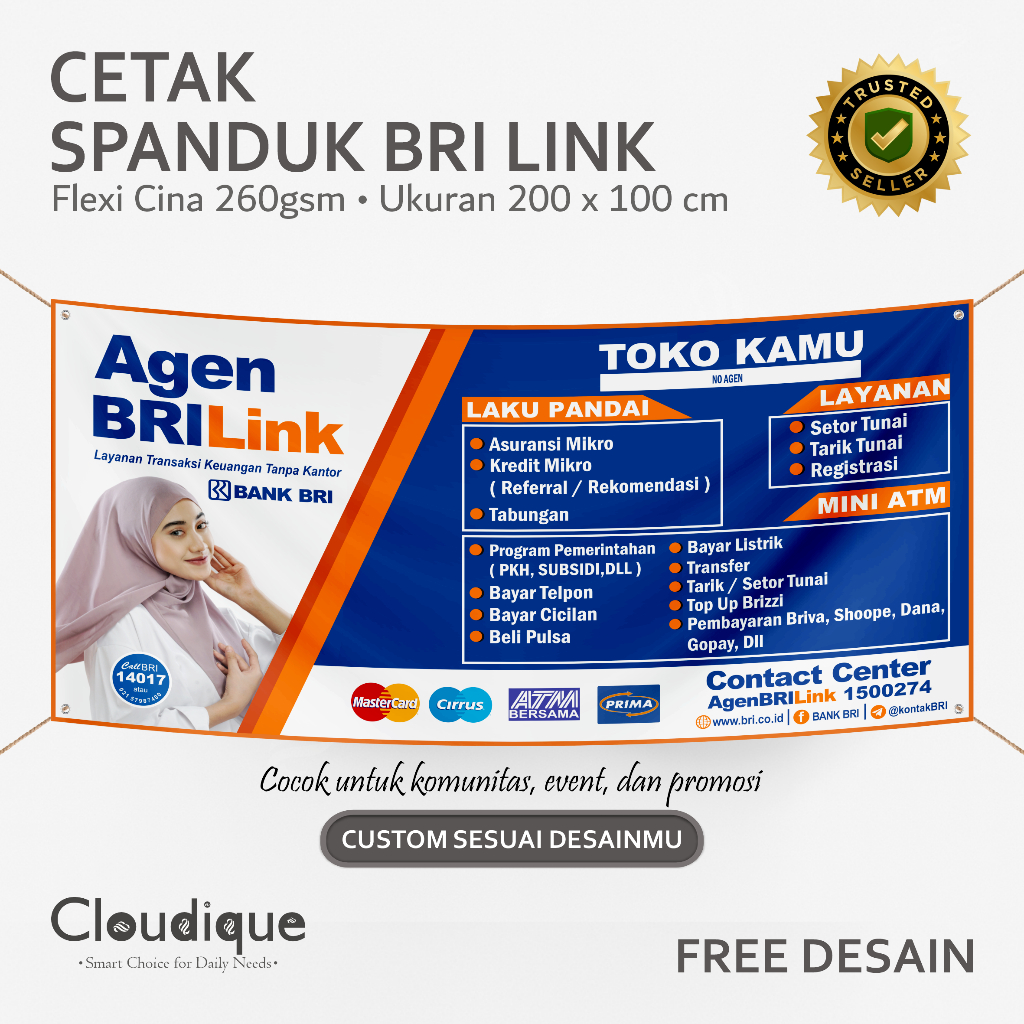 Banner Teras Agen BRILink Custom Ukuran Spanduk Flexy Cina Outdoor 260g Business 200x100cm