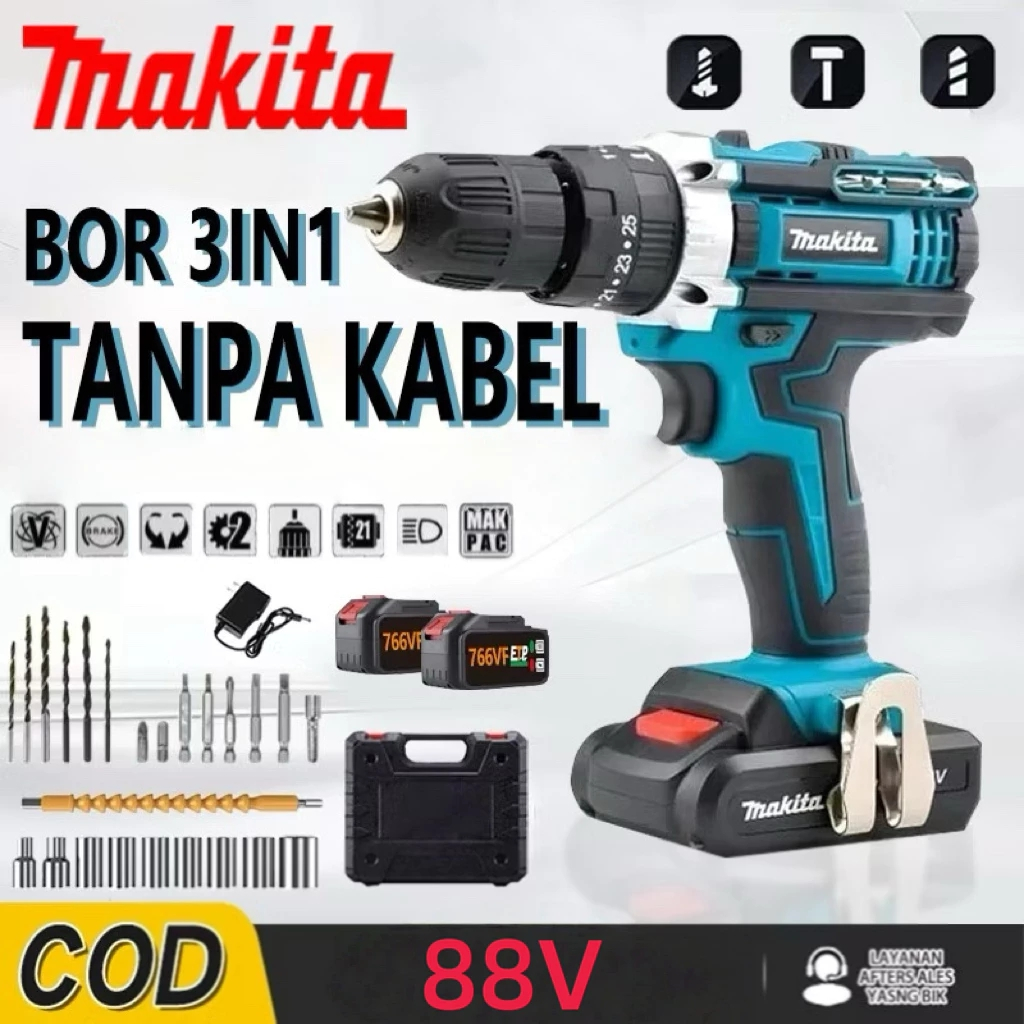 MAKITA 88vf Mesin bor 2baterai cas 10mm bor listrik murah bor tangan baterai besi tembok Beton kayu 