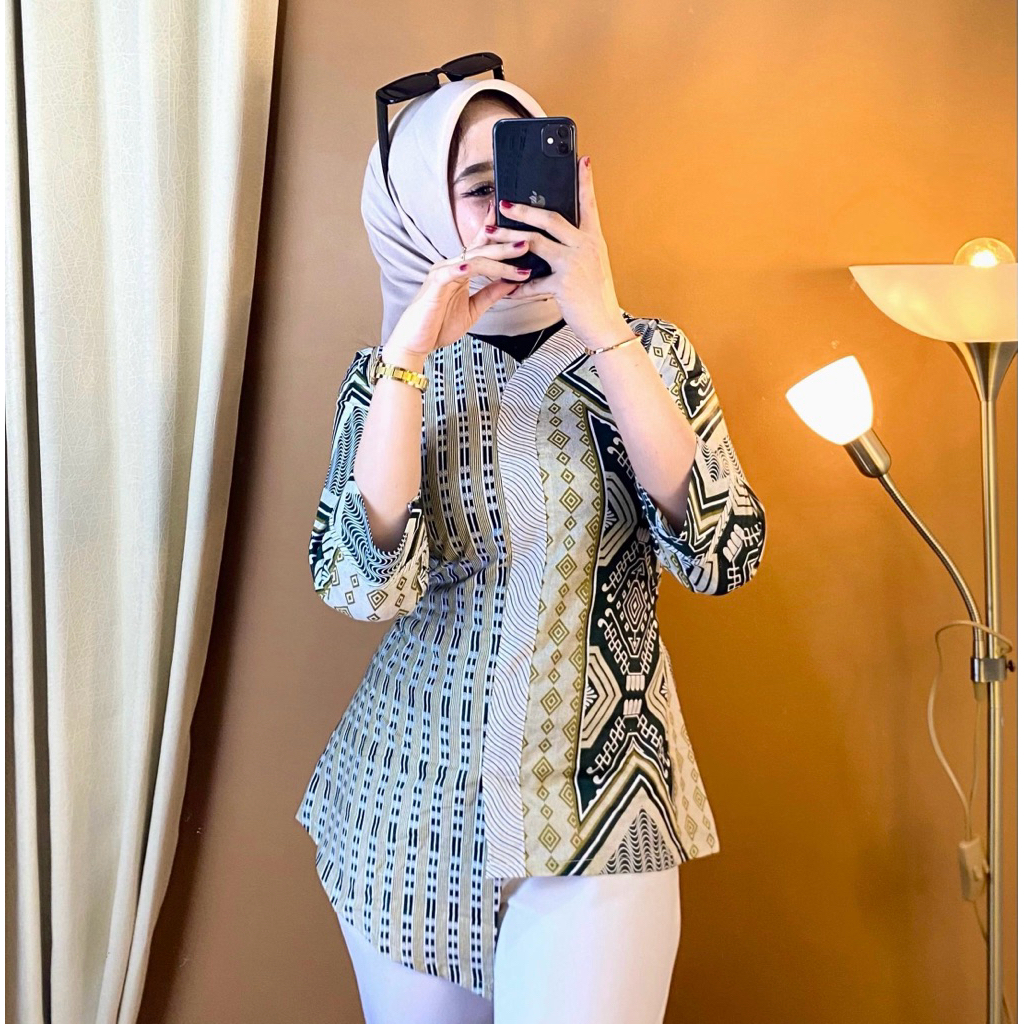 Blouse Batik Wanita Lengan Panjang - Atasan Batik Modern Premium Elegan Kekinian Kemeja Kombinasi Mo