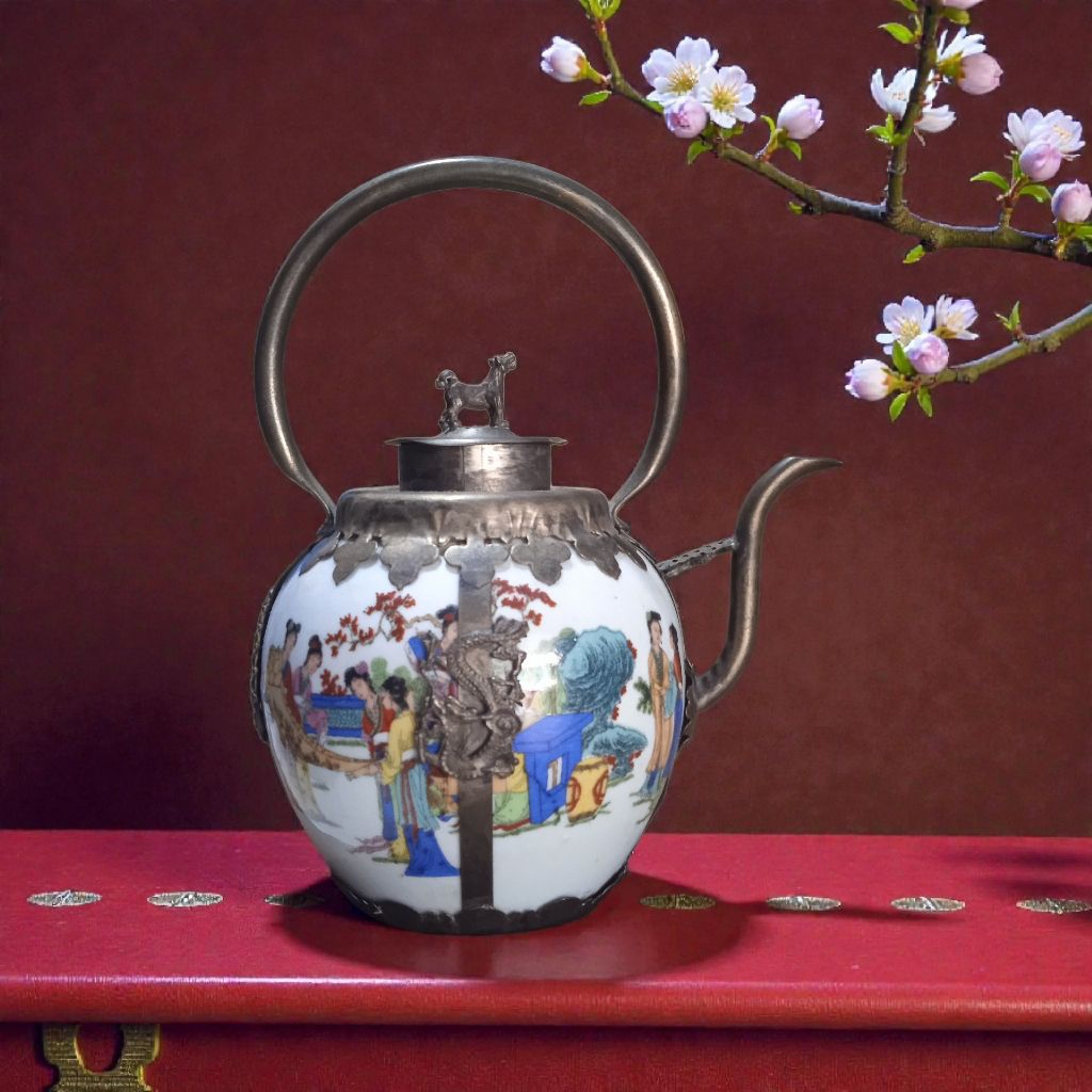 Teko Antik cina tibet jadul lawas mewah cina tea pot brass and porcelain year of dog