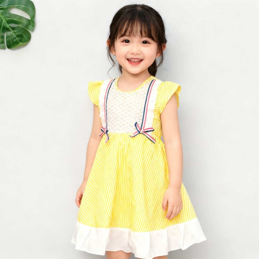 Dress Anak 4 5 Tahun motif strip brokat Renda Putih perempuan murah biru hitam Hijau pink merah Fato