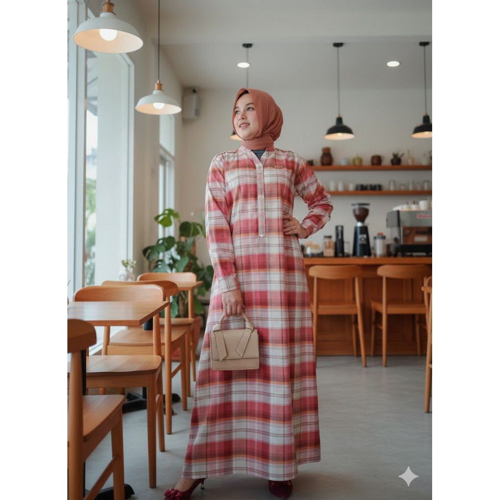 Gamis katun triset dres motif kotak salur gamis terbaru 2025