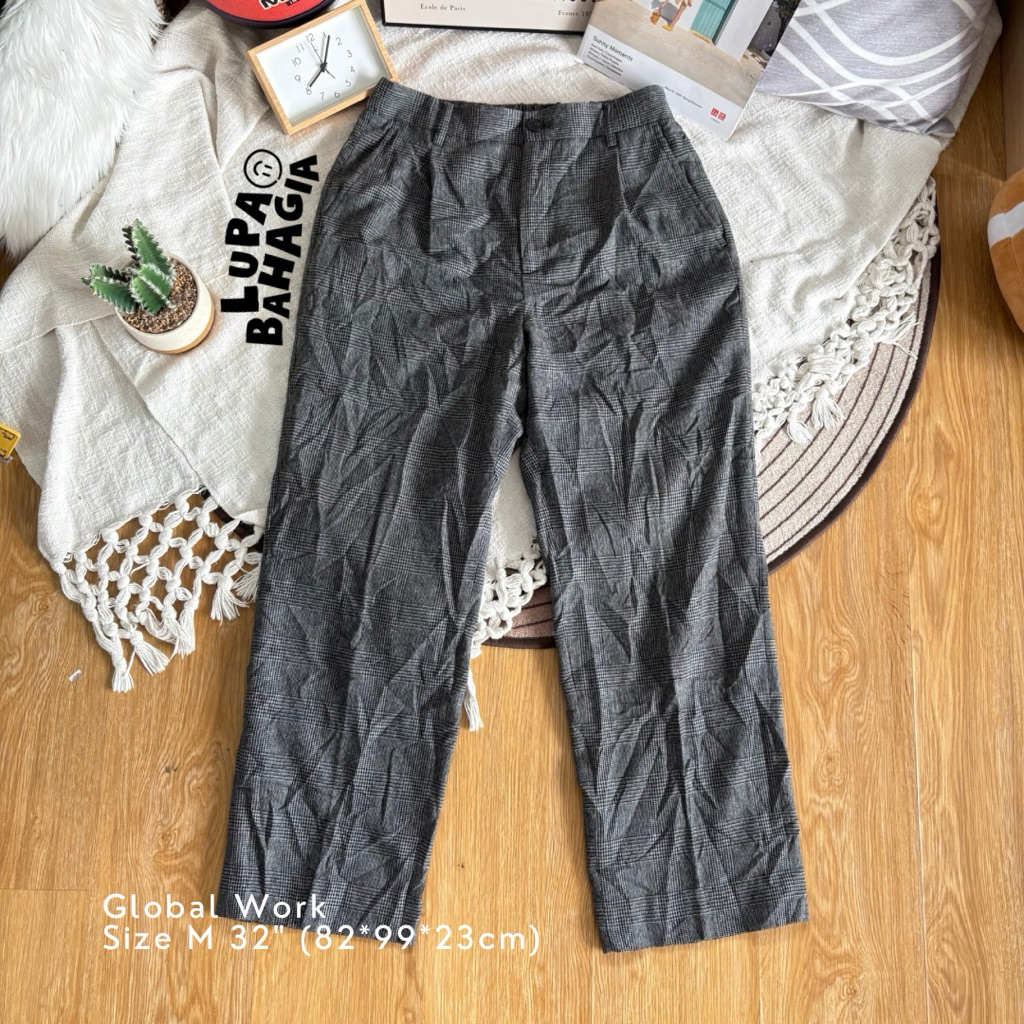 GLOBAL WORK Grey Tartan Reguler Casual Long Pants size M fit 32" • 100% Original (Celana Panjang)