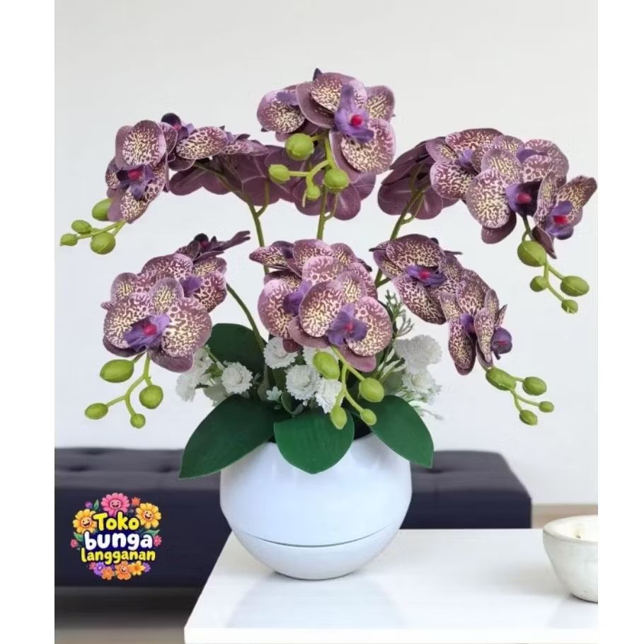 RANGKAIAN BUNGA ANGGREK LATEX 6 CABANG DENGAN POT BOLA JUMBO