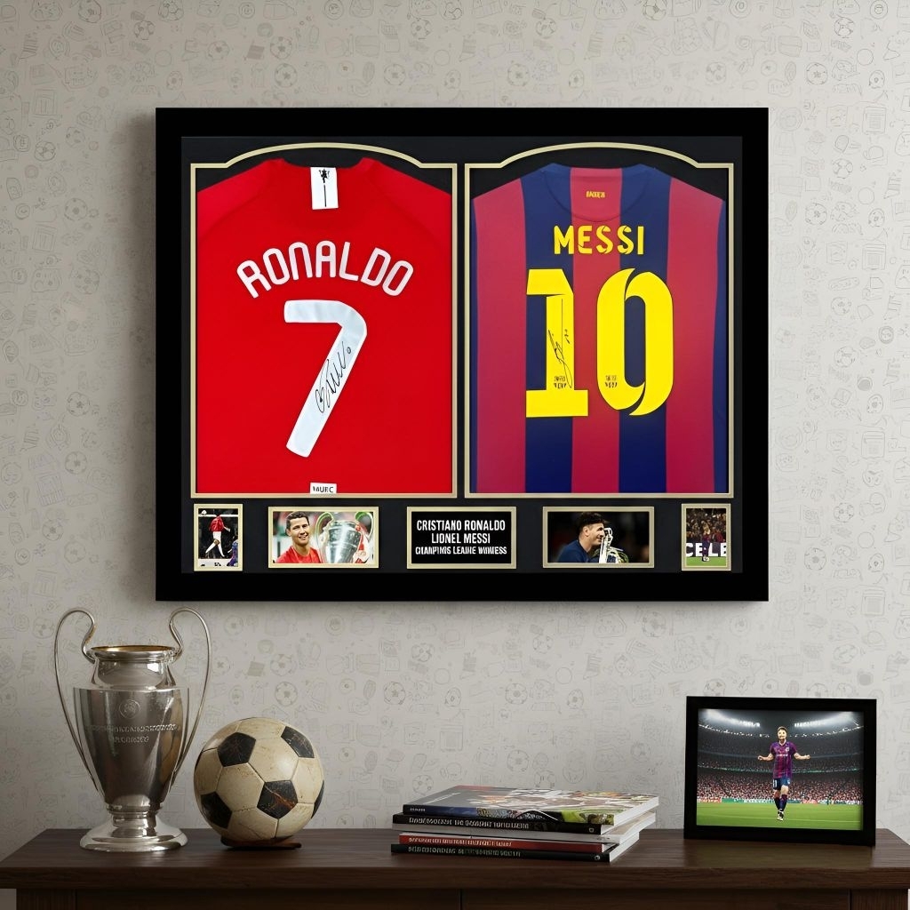 Frame Jersey Cristiano Ronaldo & Lionel Messi Pajangan dinding Replika frame Jersey