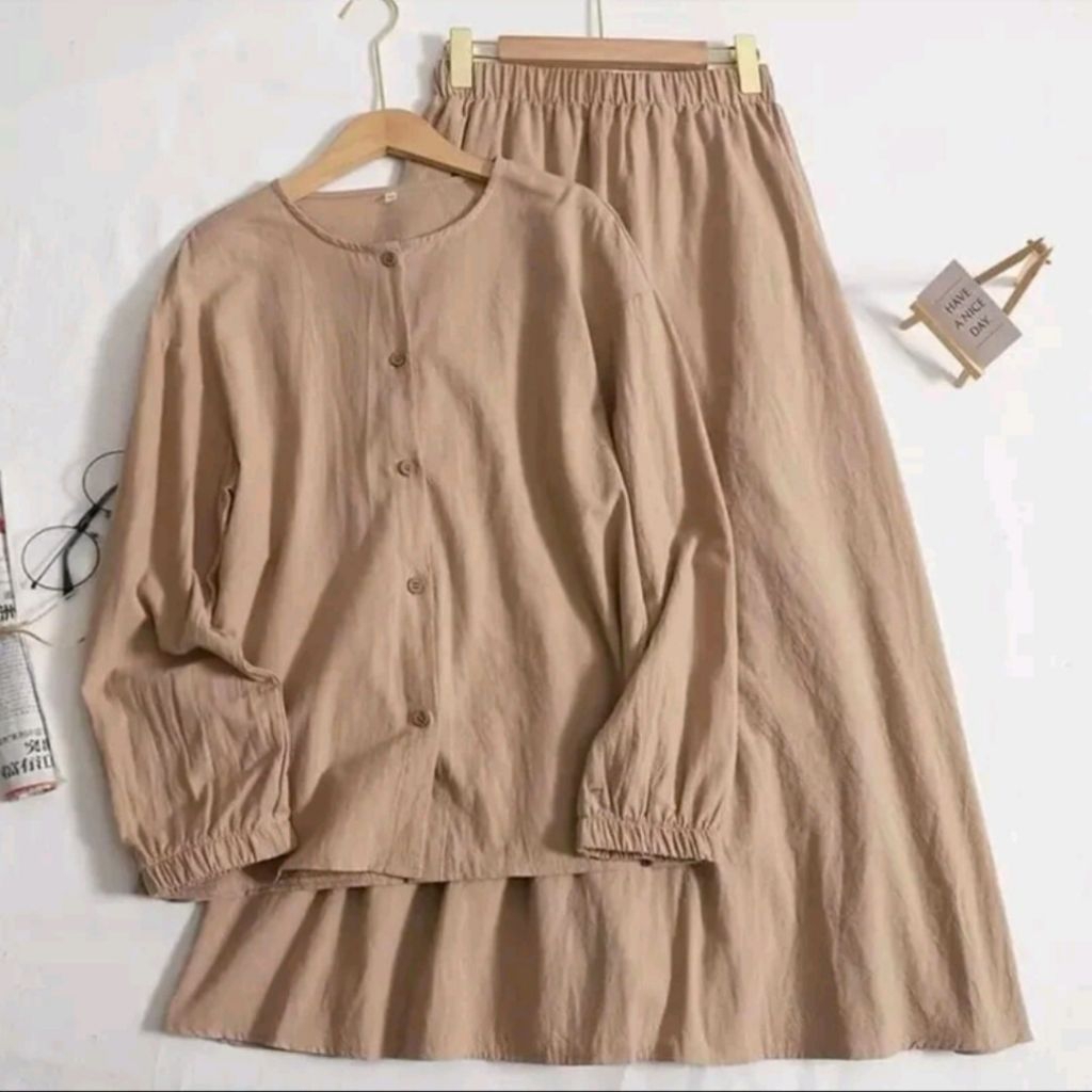 Jeslyn Set Wanita Katun Poplin Stretch | Atasan & Rok Panjang Nyaman