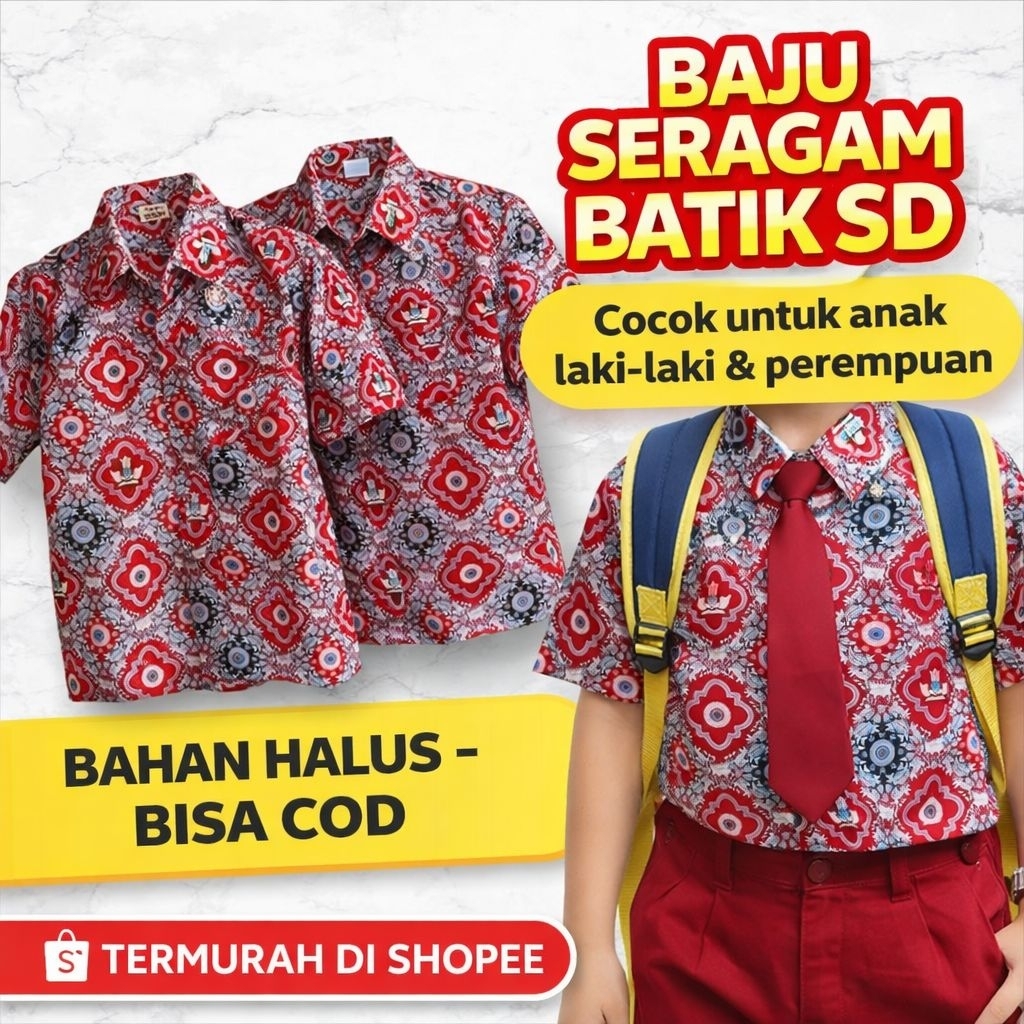 Baju Batik Sekolah SD Warna Merah | Anak laki-laki perempuan