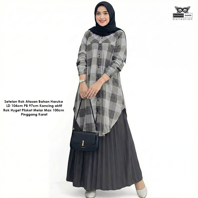 Setelan Tunik Rok Plisket Terbaru Kekinian Kaira Set Bahan Haruka Premium Mix Hyget Adem Lembut
