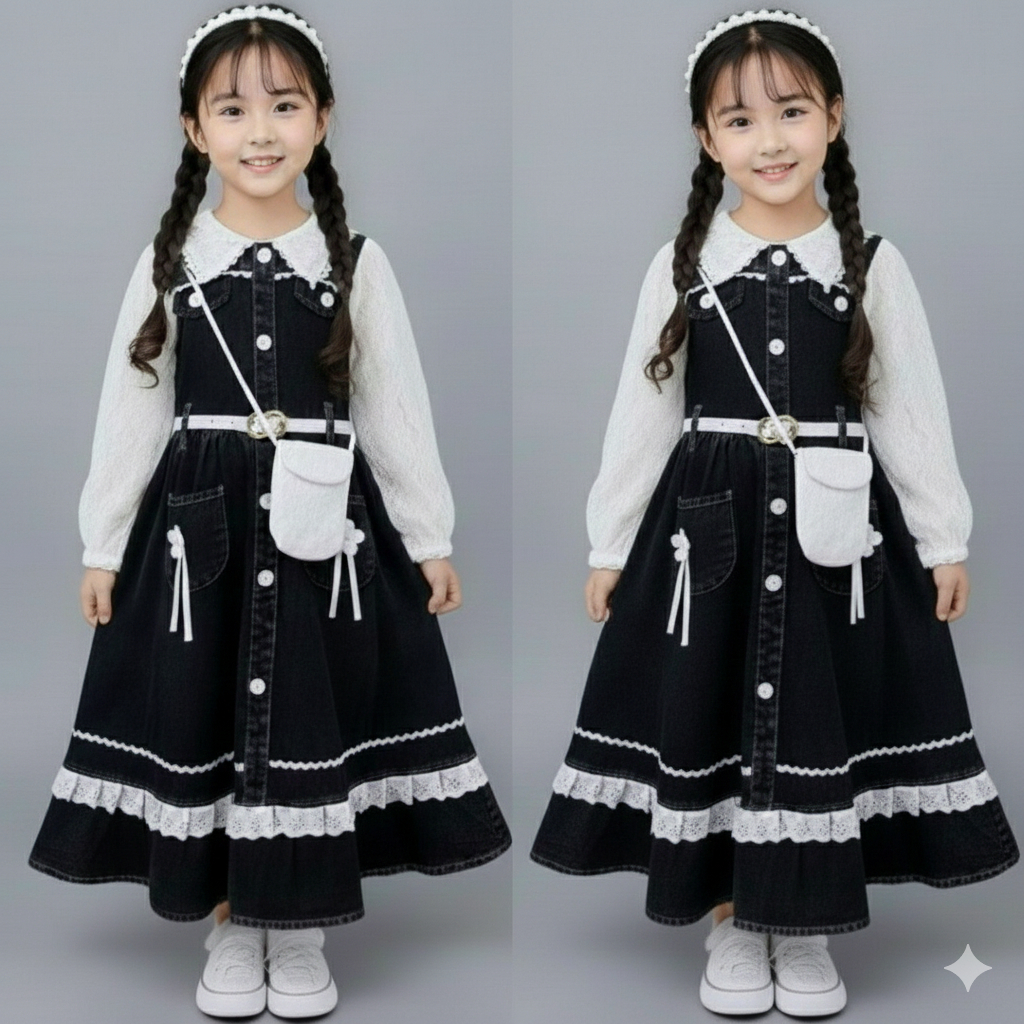 Kenjirostore.. Gamis Fuji Dres Sultan Anak Bahan Jeans Impor Premium Lusia 3-10 Tahun Remaja Tanggun