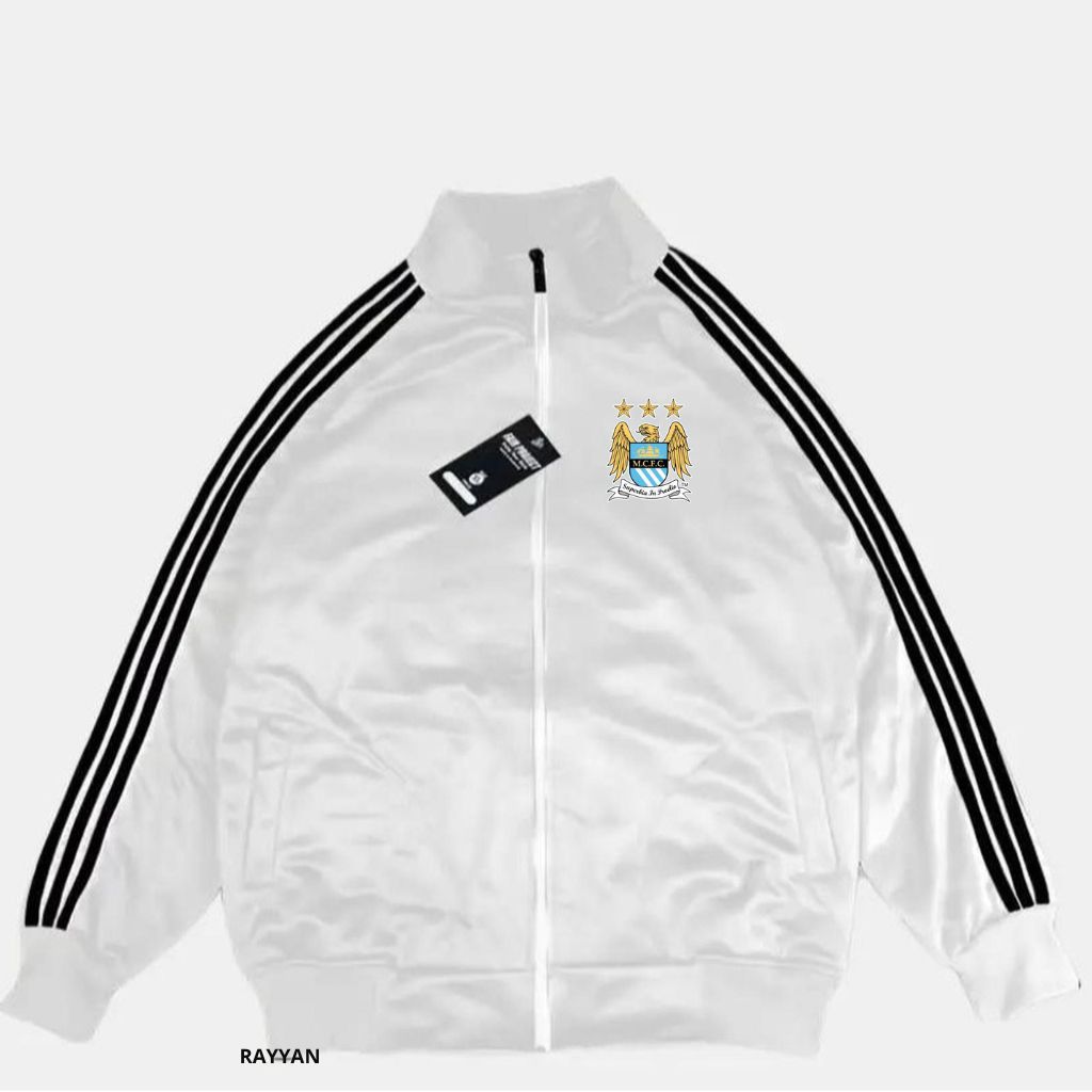 Manchester City Jacket Tracktop Unisex Footbal Club Top Eropa / Dunia Warna White Motif List Tangan 