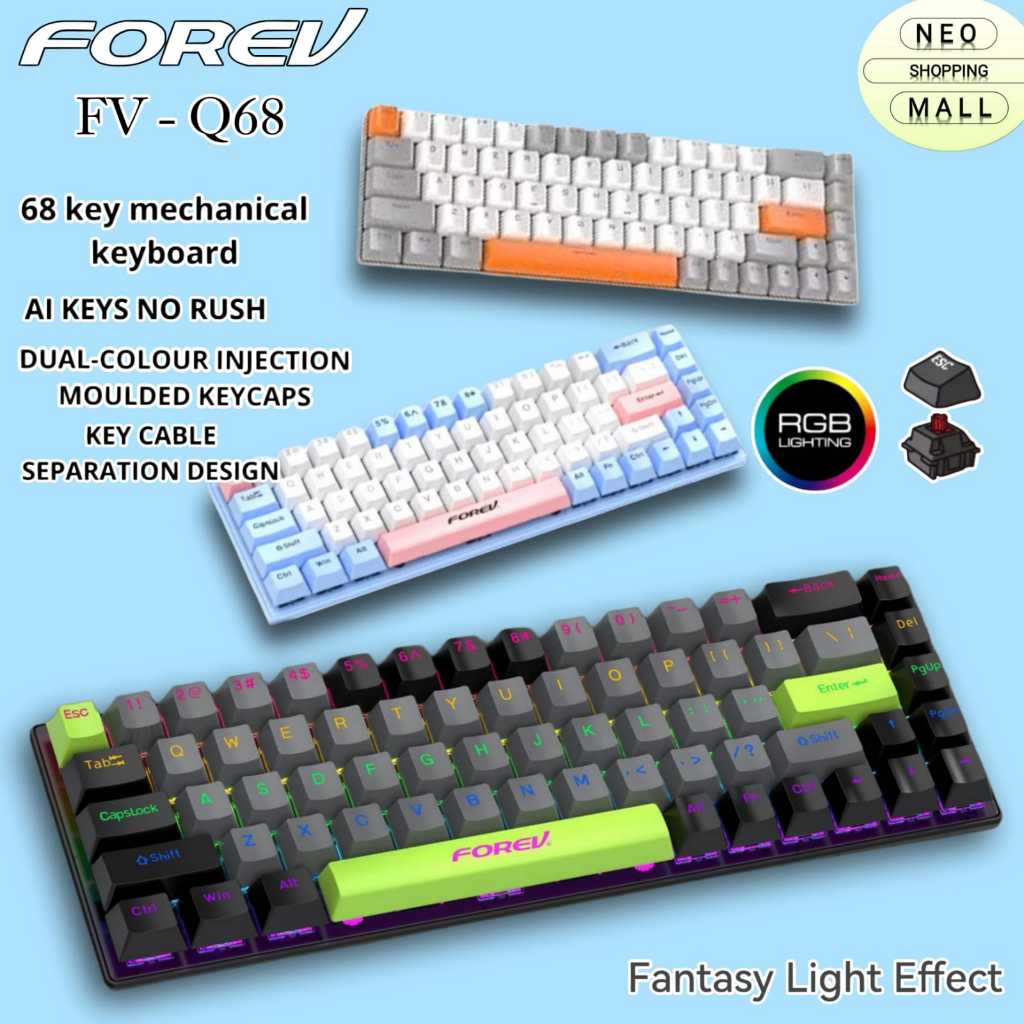 Keyboard Forev FV-Q68 68 Key Keyboard RBG Lighting Mechanical Shaft Mechanical Keyboard Type-C Wired