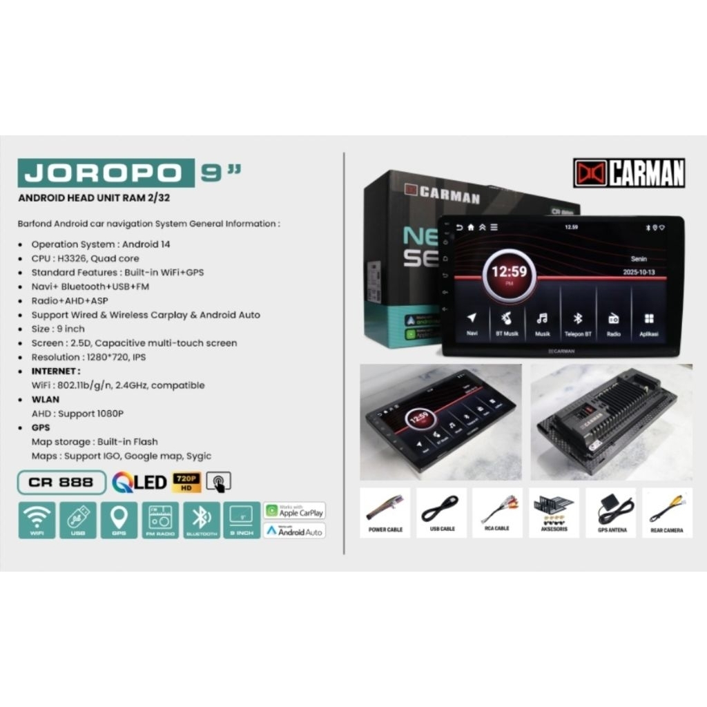 Android Mobil 9" Carman Qled ram 2/32GB